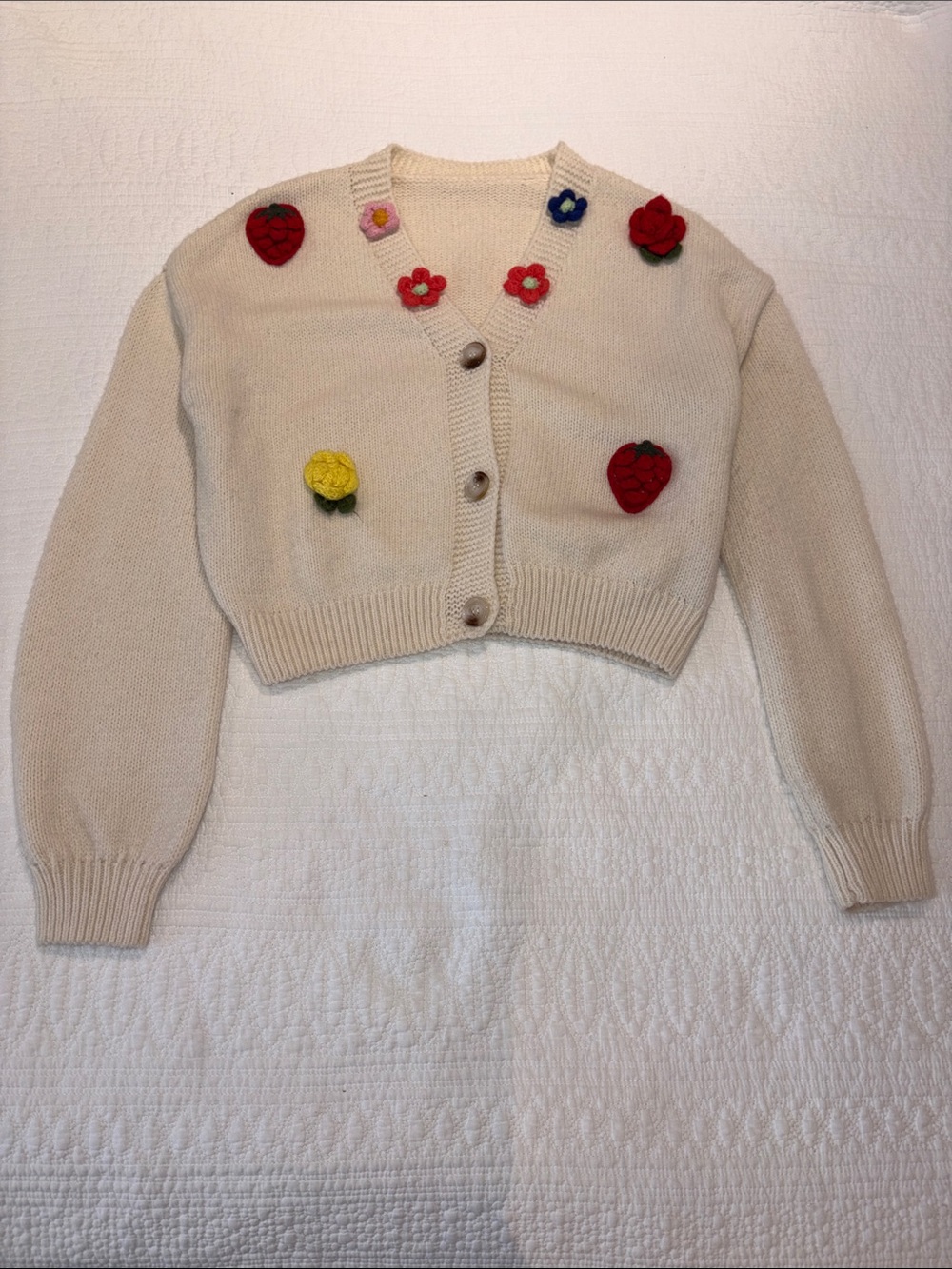 Cider Cream Cropped Cardigan with Multi-Color Floral Appliqués